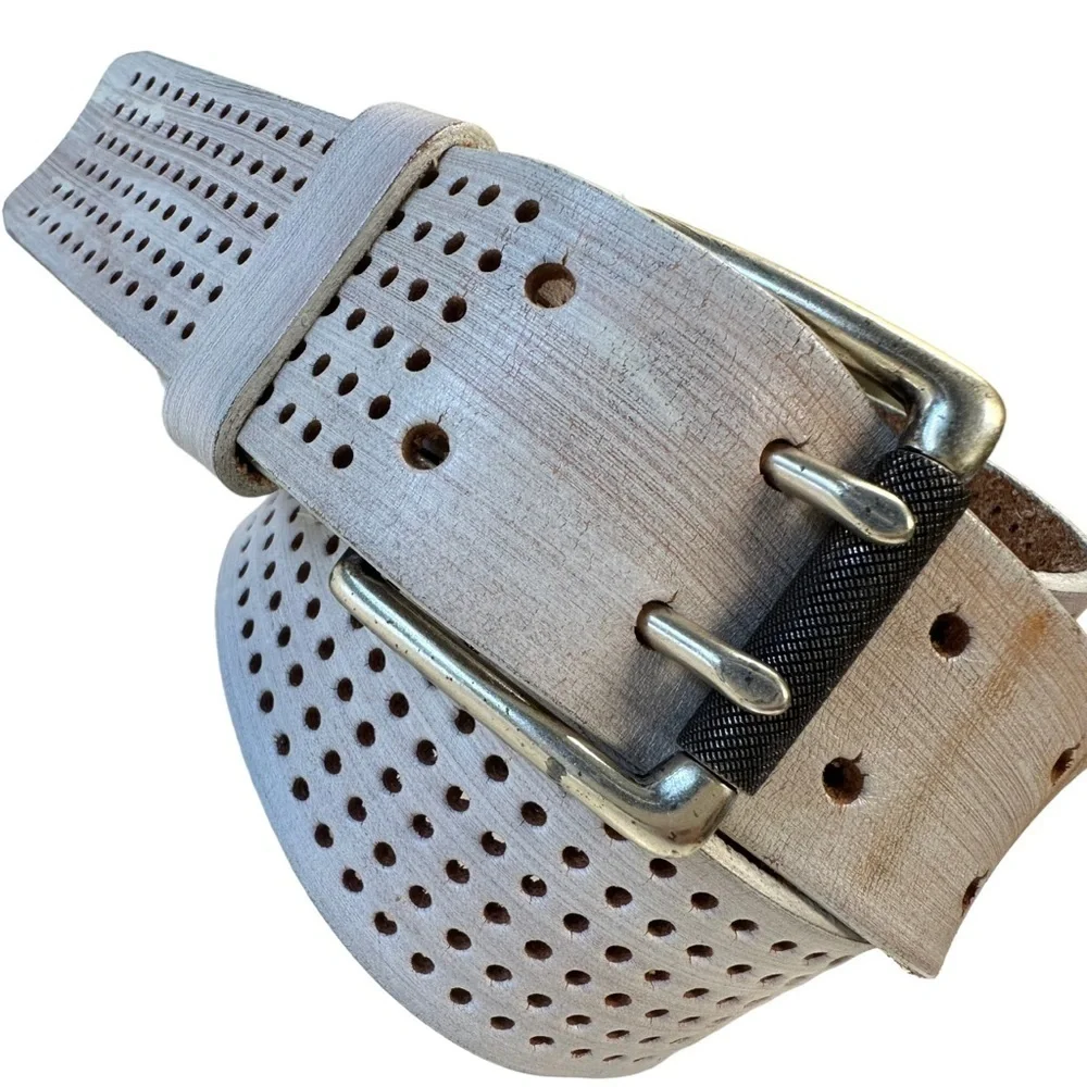 Vintage Y2K White Antiqued Punched Leather Belt
